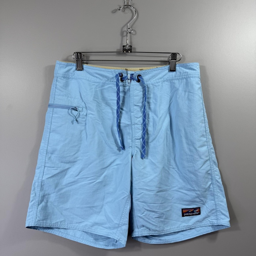 Patagonia Shorts Mens 32 Light Blue Board Shorts Drawstring Surf Swim Logo